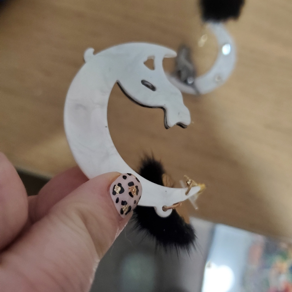 Black Cat Pom Pom Gothic Celestial Moon And Stars Earrings - Picture 6 of 7